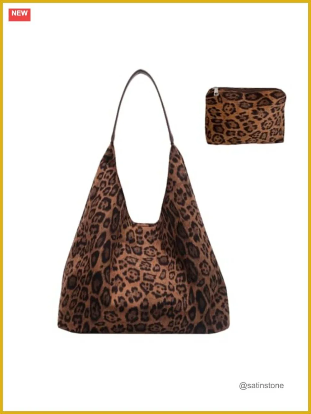 Faux Suede Leopard Print Hobo Tote Bag with Matching Purse, Large Capacity